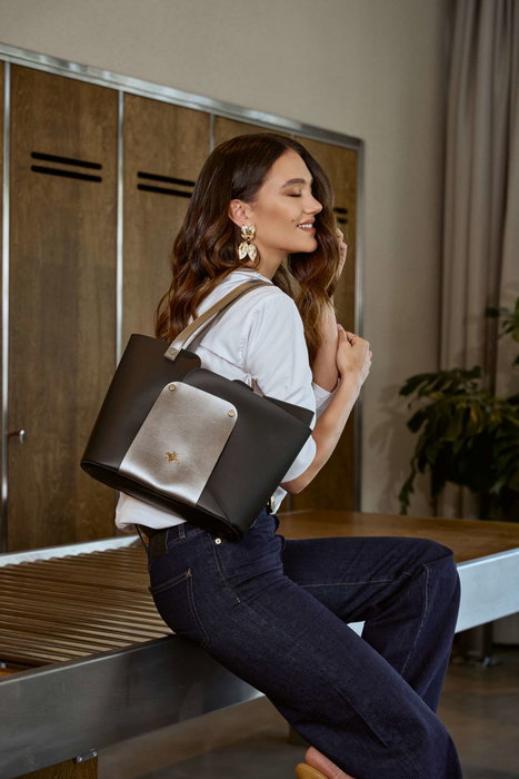 Lucky Bees Bolso Tote 1292 Piel Negro y Gris 30x12x26 cm
